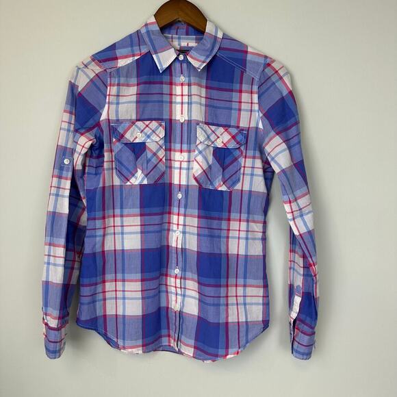 Express Plaid Button Up Women’s Sz XS Blue Pink Roll Tab Preppy Teacher Office - Picture 1 of 9